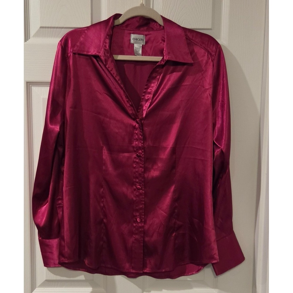 Chico's Satin Blouse Women's L Burgundy Jewel Tone Long Sleeve Holiday Party